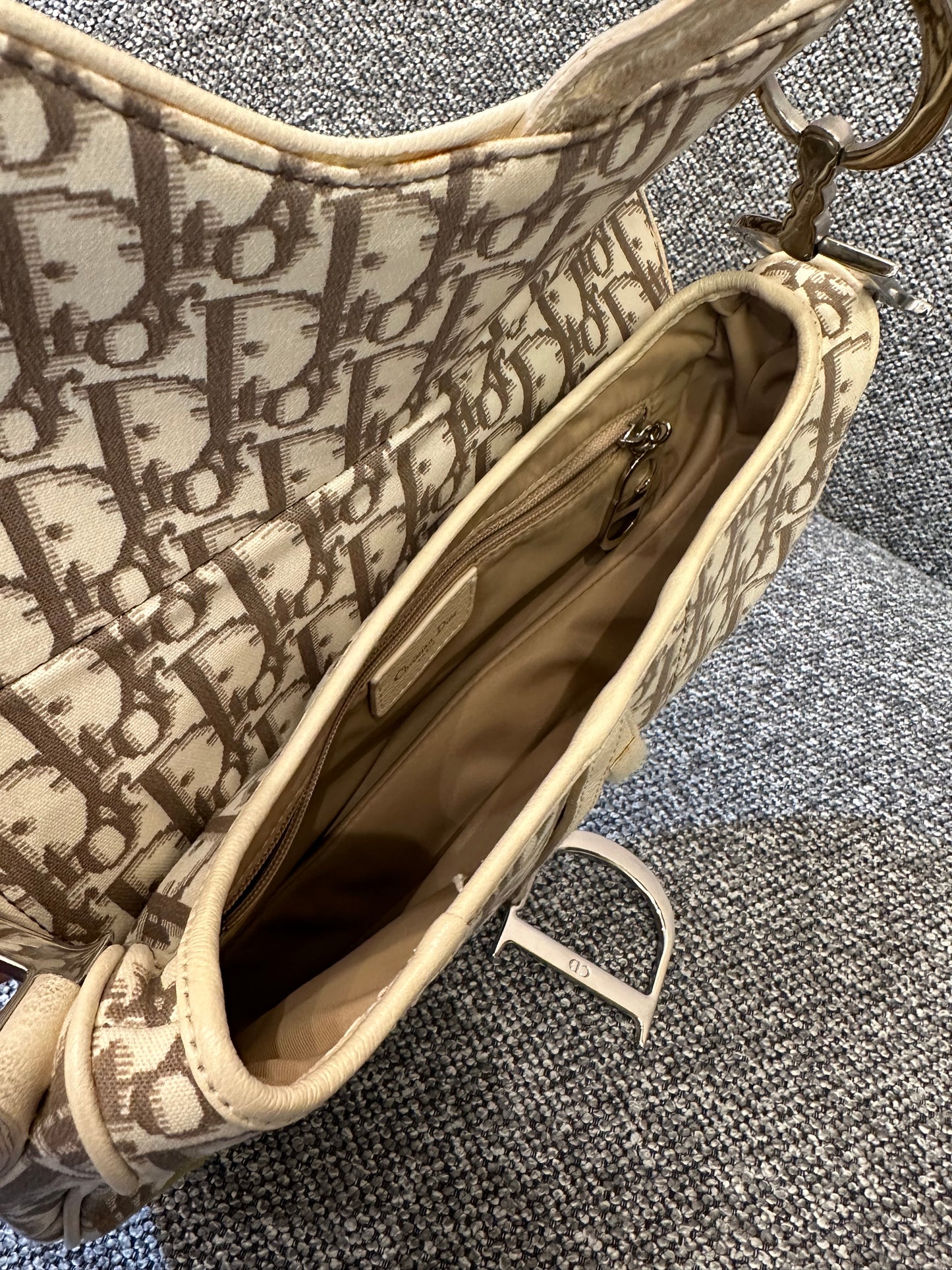 Christian Dior Trotter Saddle Bag in Beige Monogram Canvas with Multicolor Floral Embroidery