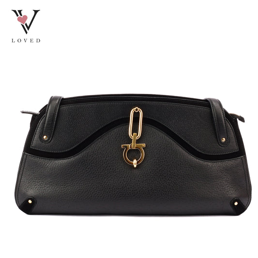 Salvatore Ferragamo Gancini Shoulder Bag in Black Leather and Suede