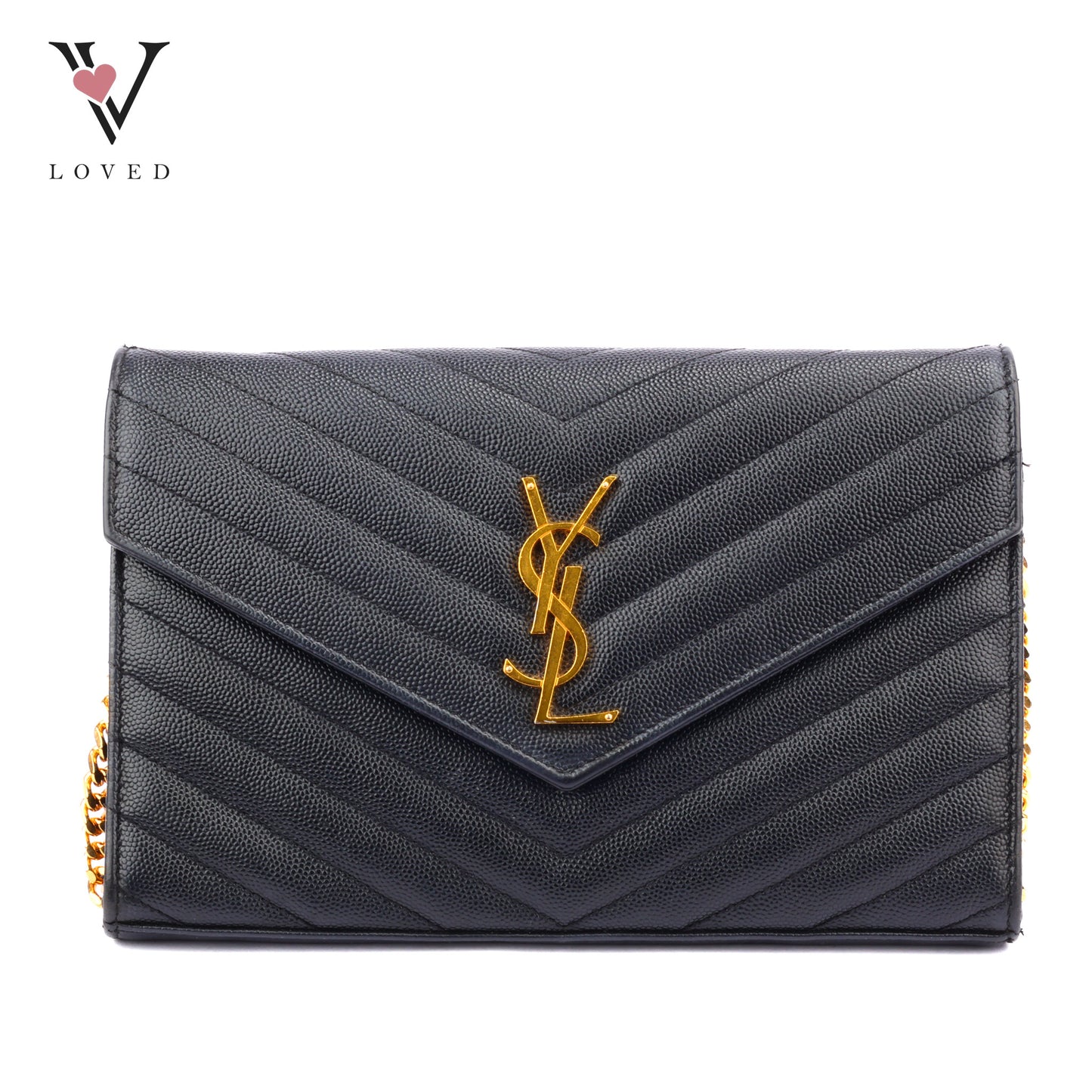 Yves Saint Laurent Wallet on Chain in Black Chevron Leather with Gold Hardware