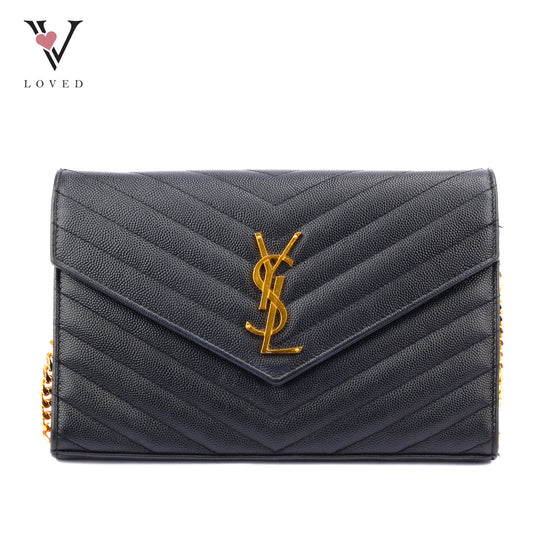 Yves Saint Laurent Wallet on Chain in Black Chevron Leather with Gold Hardware