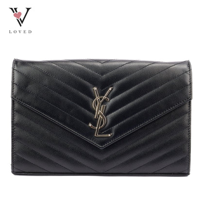 Yves Saint Laurent Wallet on Chain in Black Chevron Leather with Silver Hardware