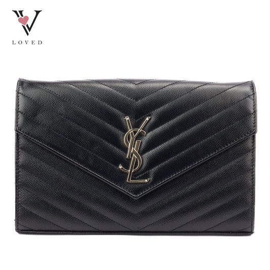 Yves Saint Laurent Wallet on Chain in Black Chevron Leather with Silver Hardware