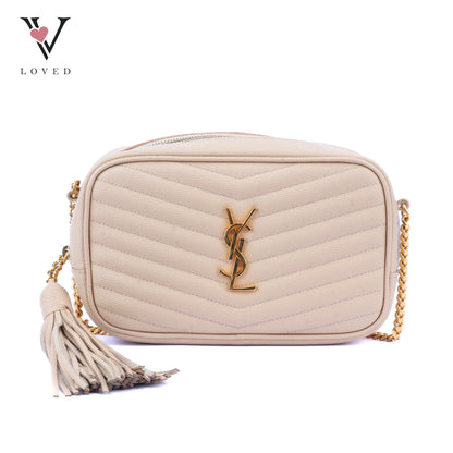 Yves Saint Laurent Mini Lou Camera Bag in Beige Quilted Leather