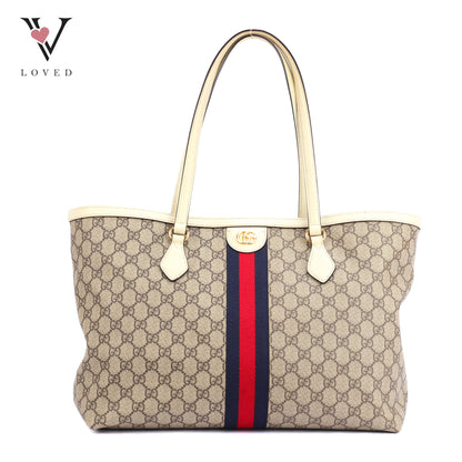 Gucci Ophidia GG Tote Bag in Beige and Ebony GG Supreme Canvas with Ivory Leather Trim
