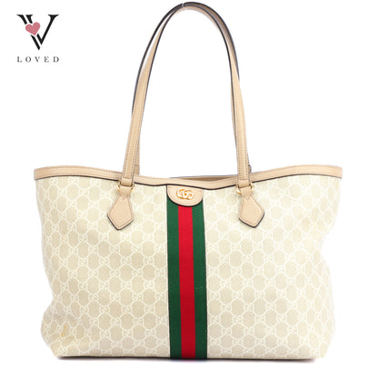 Gucci Ophidia GG Tote Bag in Beige and White Supreme Canvas