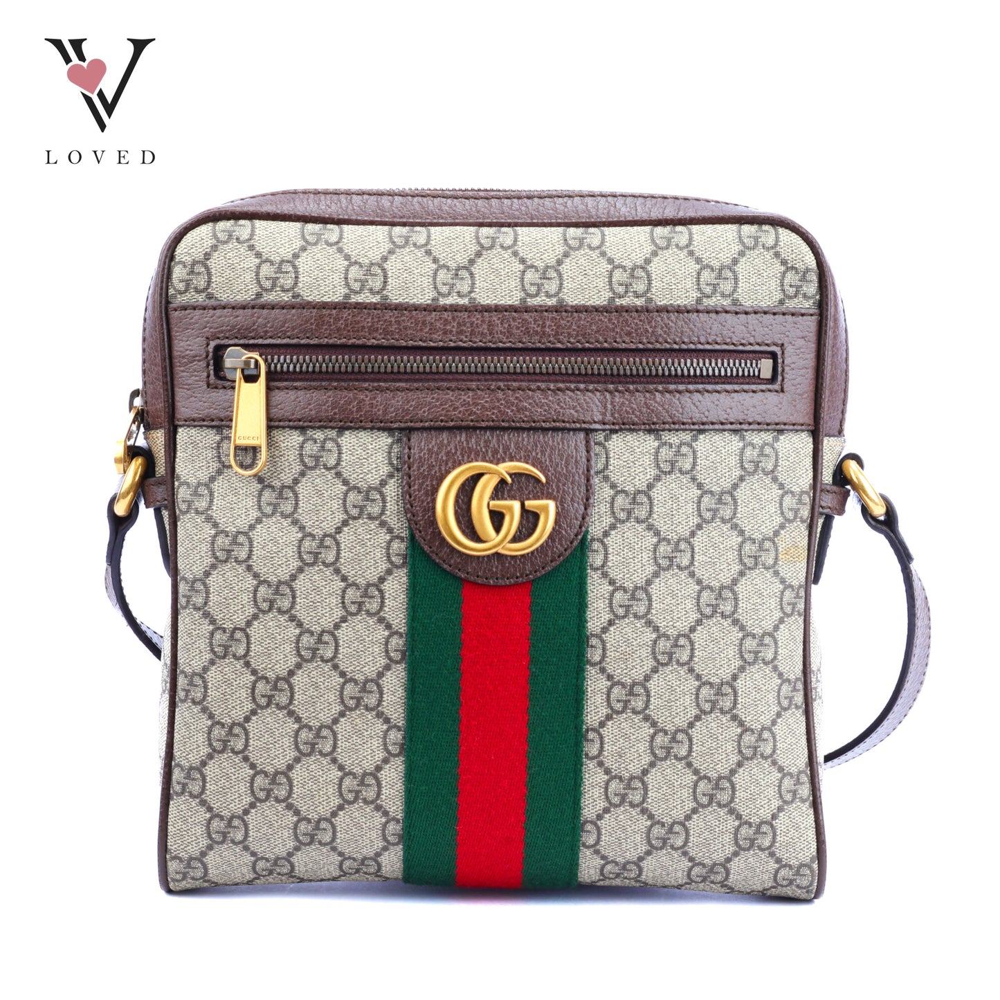 Gucci Ophidia GG Small Messenger Bag in Beige Supreme Canvas with Brown Leather Trim