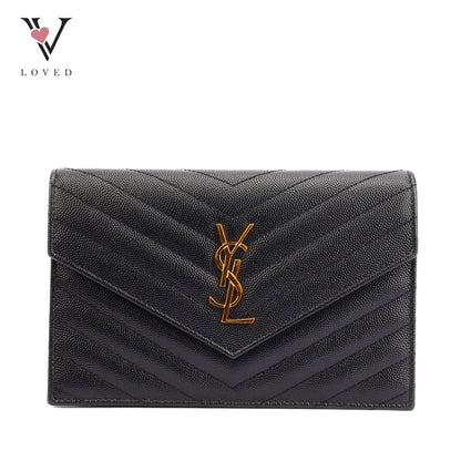 Yves Saint Laurent Cassandre Wallet on Chain in Black Chevron-Quilted Leather with Gold Hardware