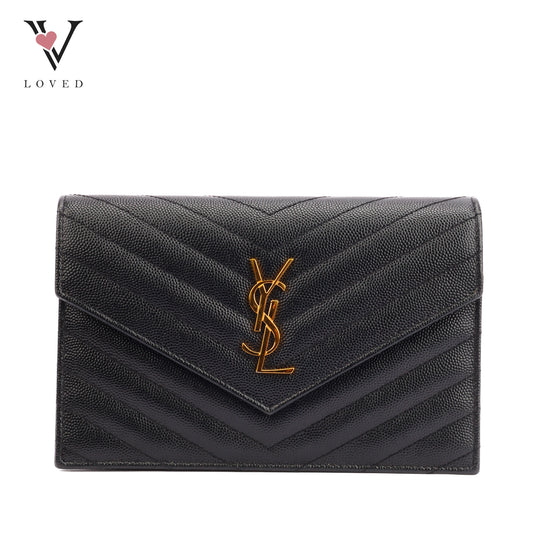 Yves Saint Laurent Cassandre Wallet on Chain in Black Chevron-Quilted Leather with Gold Hardware