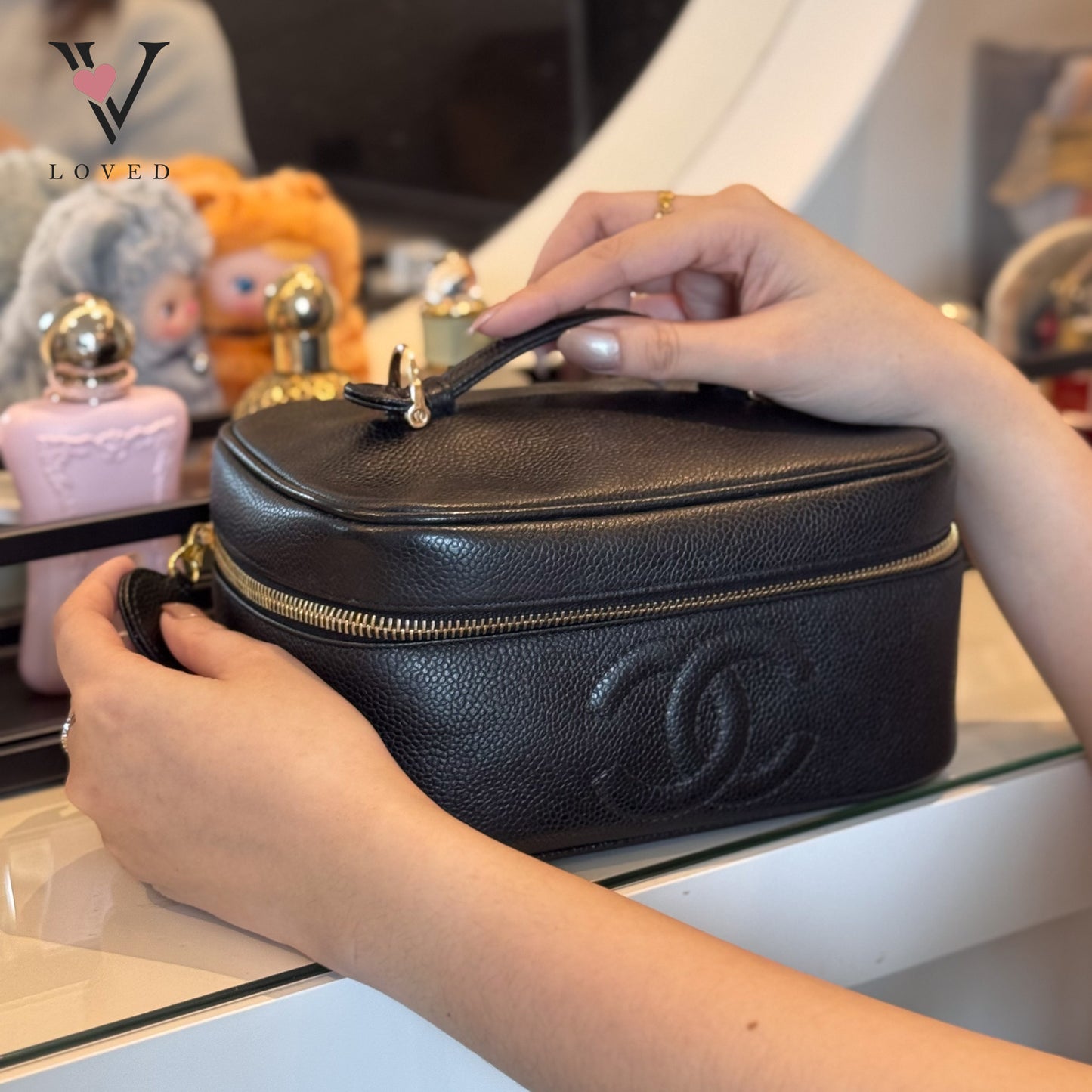 Black Caviar Skin Coco Mark Vanity Handbag