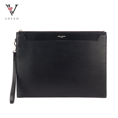 Yves Saint Laurent Clutch In Black Grain De Poudre Embossed Leather