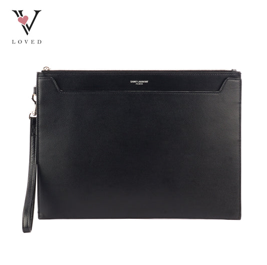 Yves Saint Laurent Clutch In Black Grain De Poudre Embossed Leather