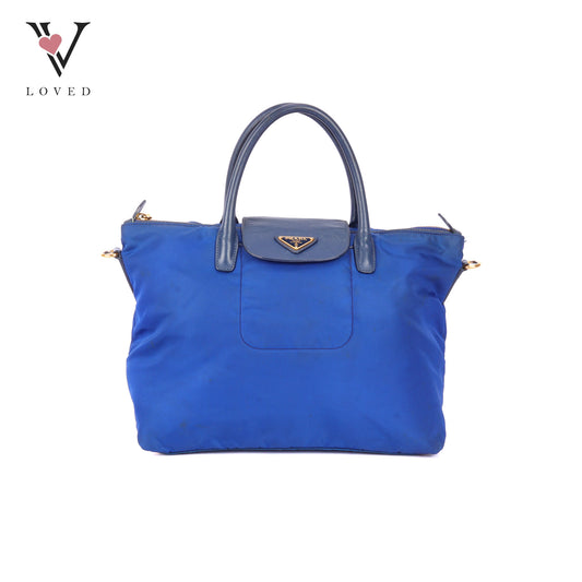 Prada Tessuto in Bluette Nylon and Saffiano Leather Tote Bag