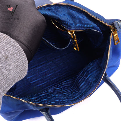 Prada Tessuto in Bluette Nylon and Saffiano Leather Tote Bag