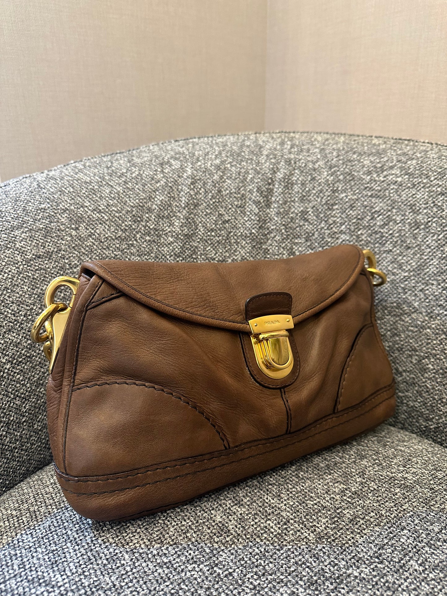 Prada Cervo Shoulder Bag in Brown Leather