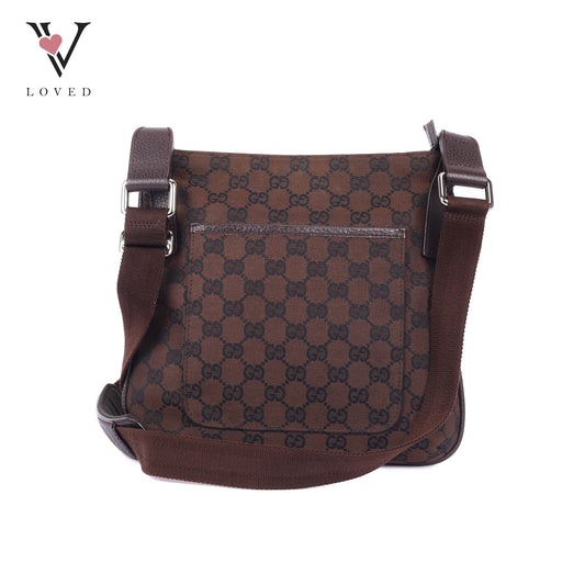Gucci GG Canvas Messenger Bag In Marrone Canvas and Leather