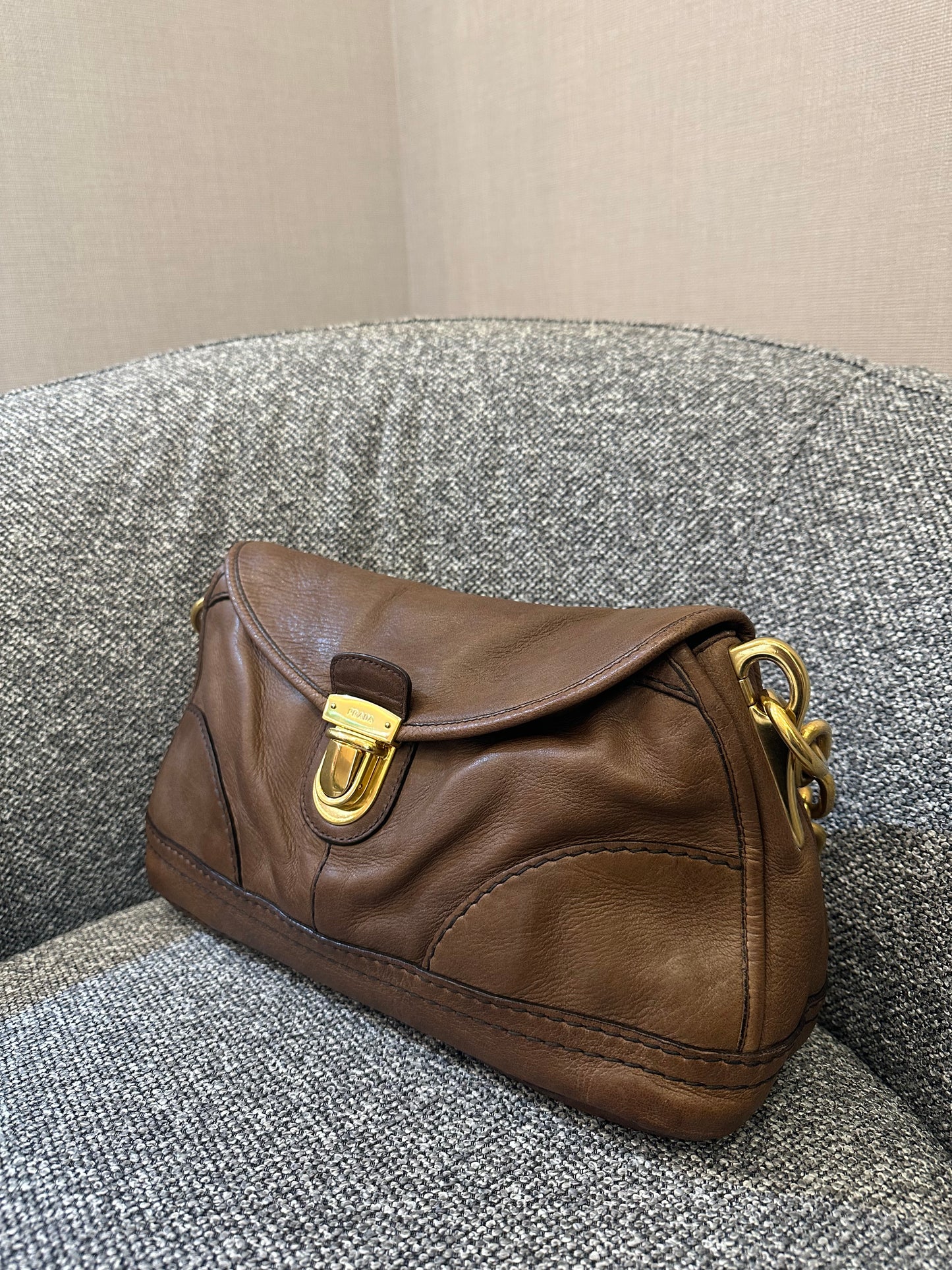 Prada Cervo Shoulder Bag in Brown Leather