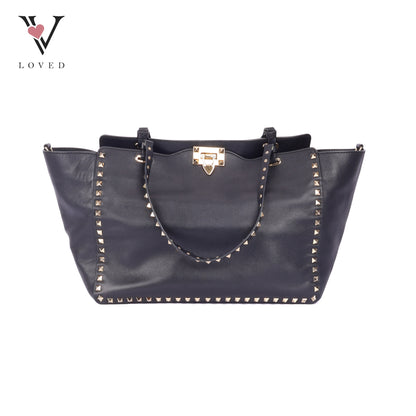 Valentino Rockstud Tote In Smooth Black Leather