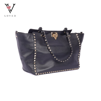 Valentino Rockstud Tote In Smooth Black Leather