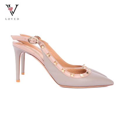 Valentino Rockstud Slingback Pumps in Beige Leather