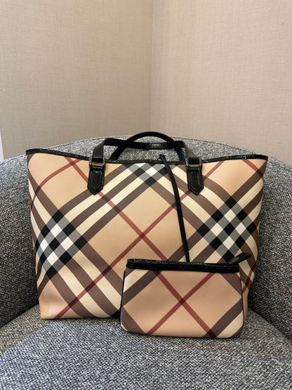 Burberry Supernova Check Tote Bag Coated Canvas
