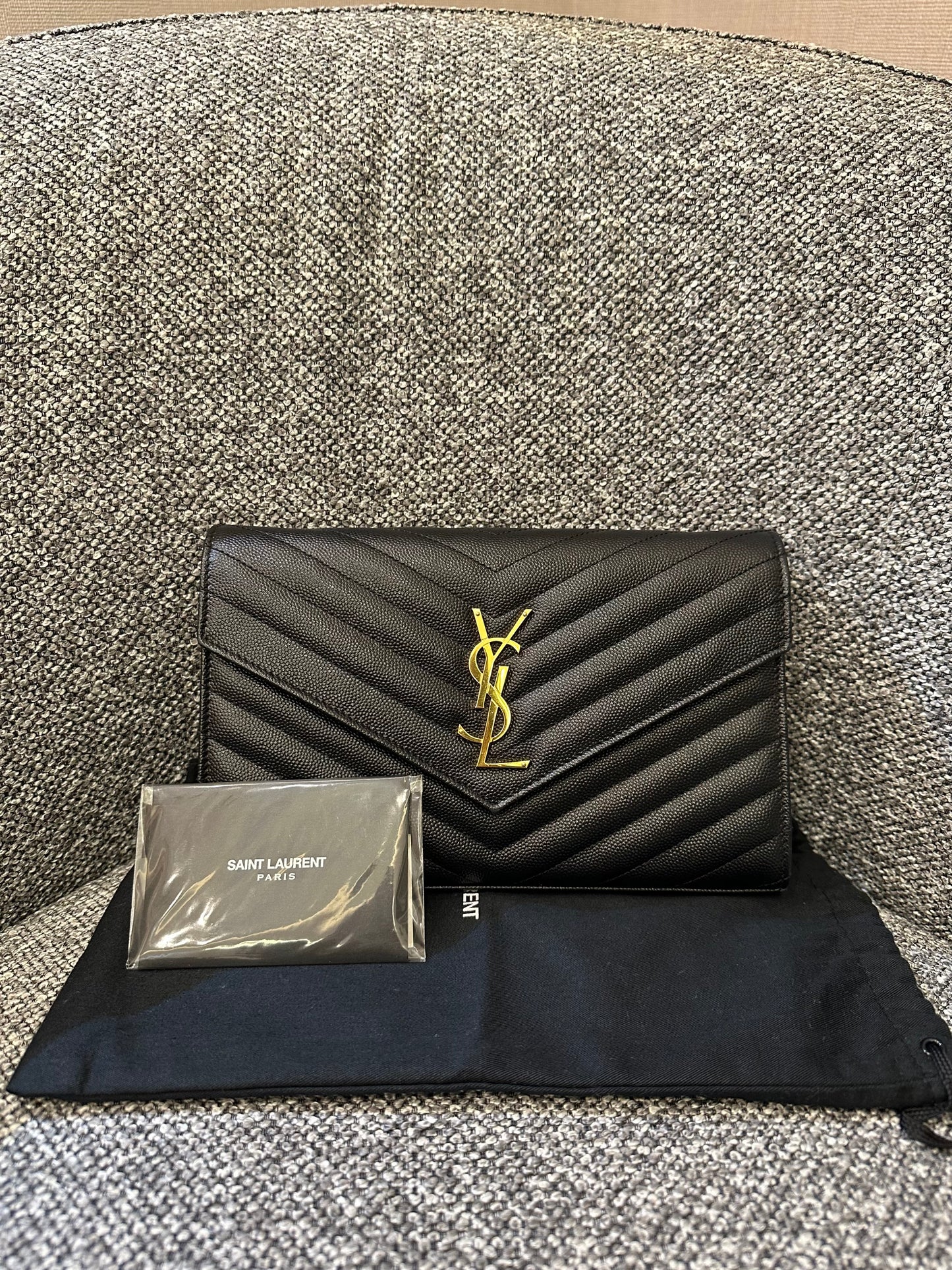 Yves Saint Laurent Cassandre Wallet on Chain in Black Chevron Quilted Leather GHW