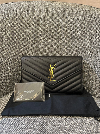 Yves Saint Laurent Cassandre Wallet on Chain in Black Chevron Quilted Leather GHW