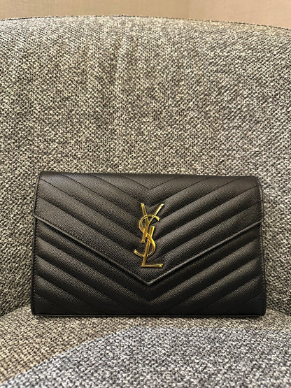Yves Saint Laurent Cassandre Wallet on Chain in Black Chevron Quilted Leather GHW
