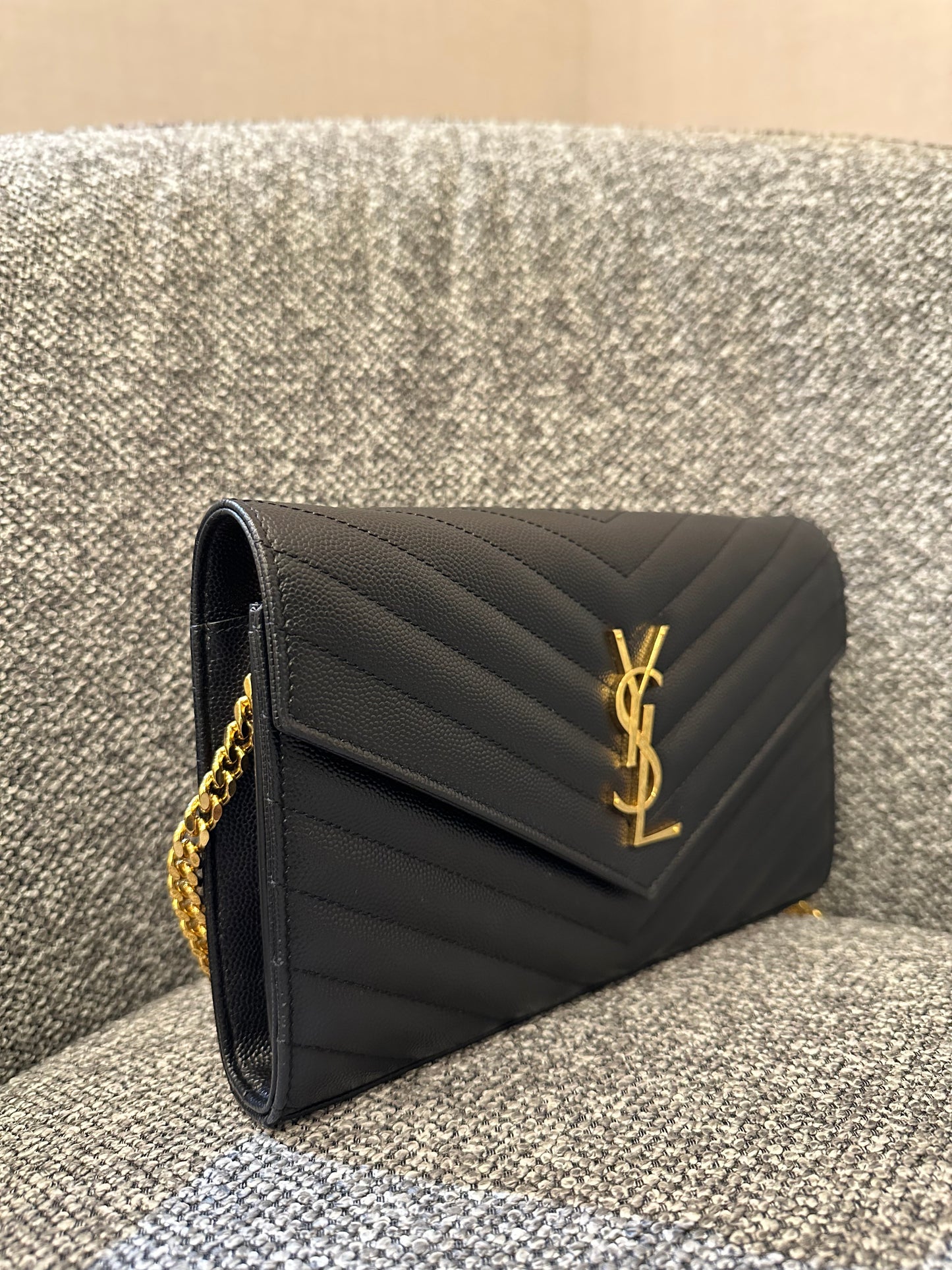 Yves Saint Laurent Cassandre Wallet on Chain in Black Chevron Quilted Leather GHW