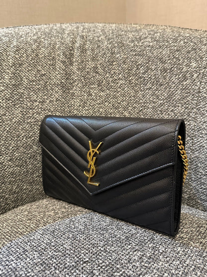 Yves Saint Laurent Cassandre Wallet on Chain in Black Chevron Quilted Leather GHW