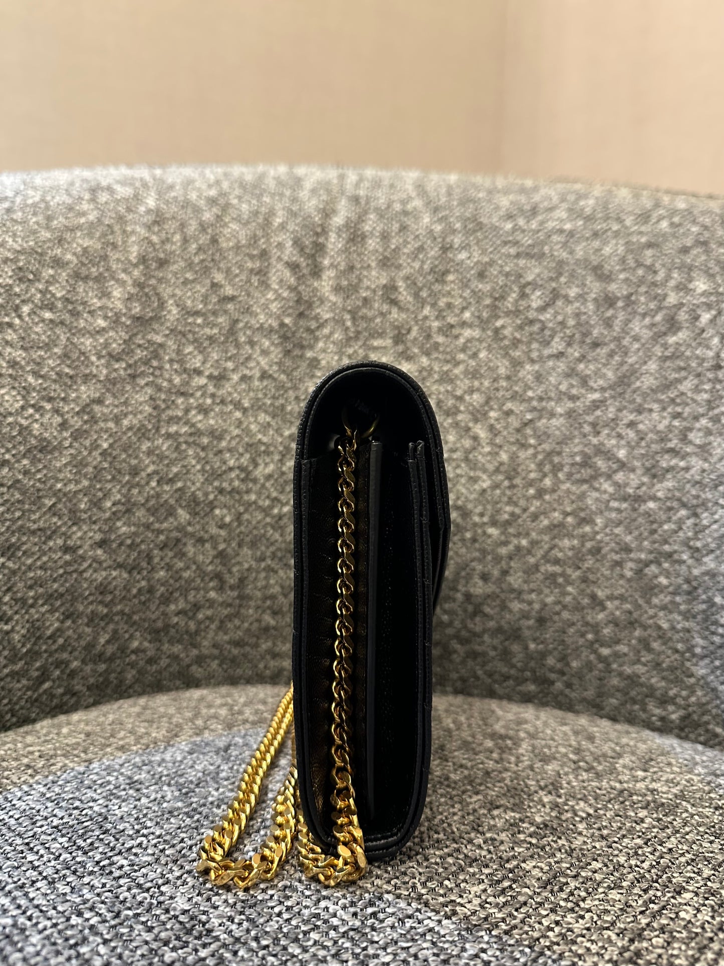 Yves Saint Laurent Cassandre Wallet on Chain in Black Chevron Quilted Leather GHW