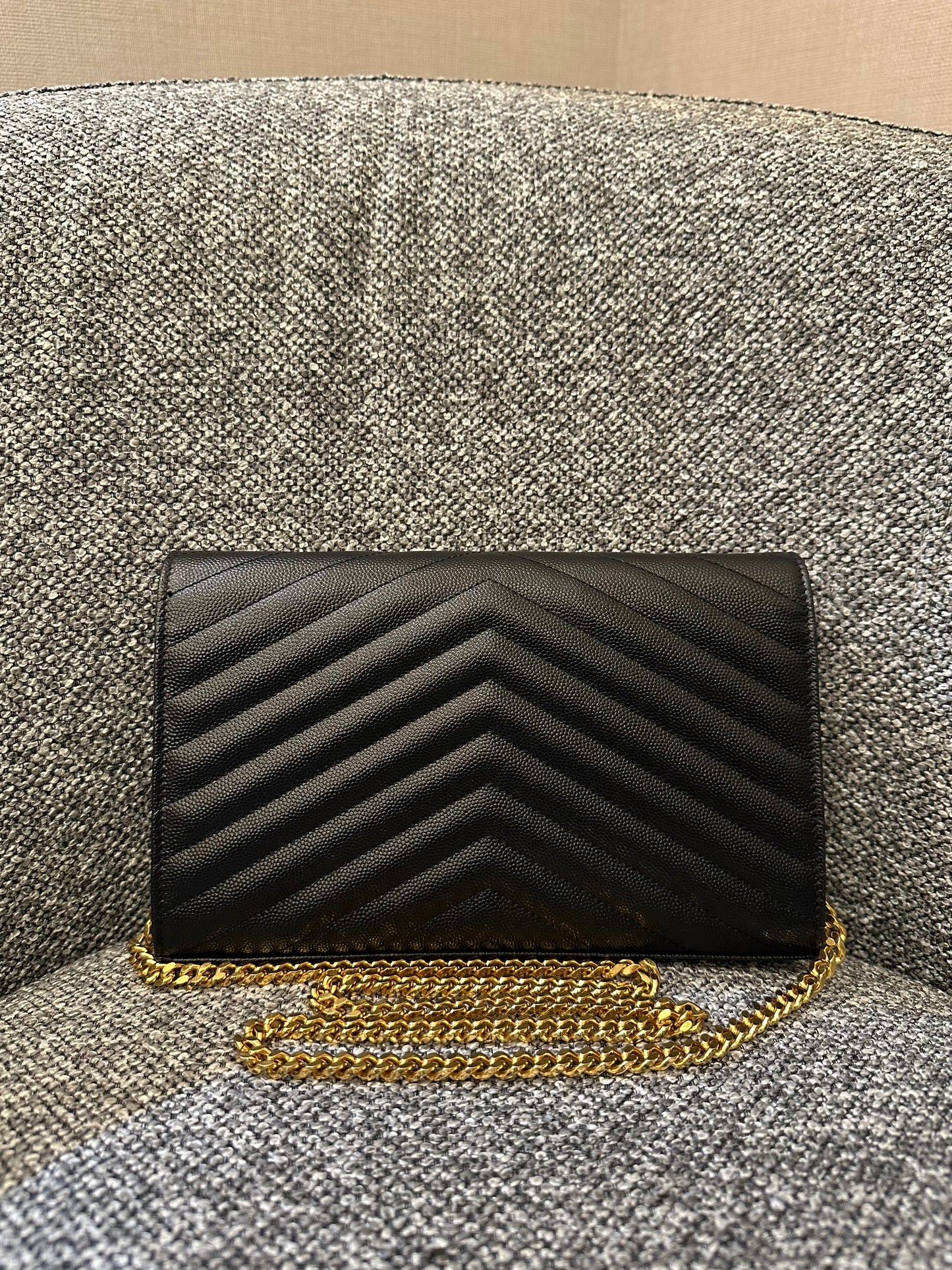 Yves Saint Laurent Cassandre Wallet on Chain in Black Chevron Quilted Leather GHW