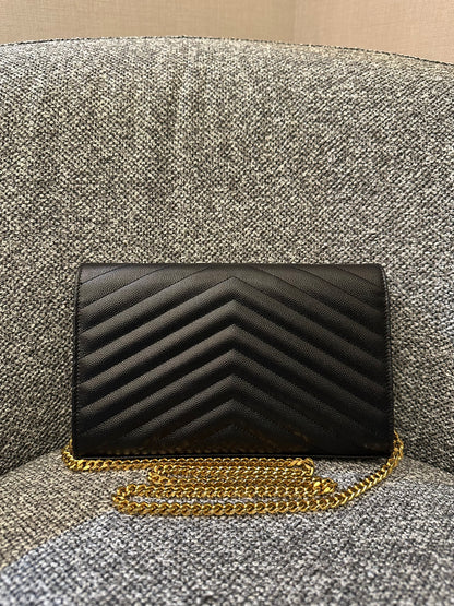 Yves Saint Laurent Cassandre Wallet on Chain in Black Chevron Quilted Leather GHW
