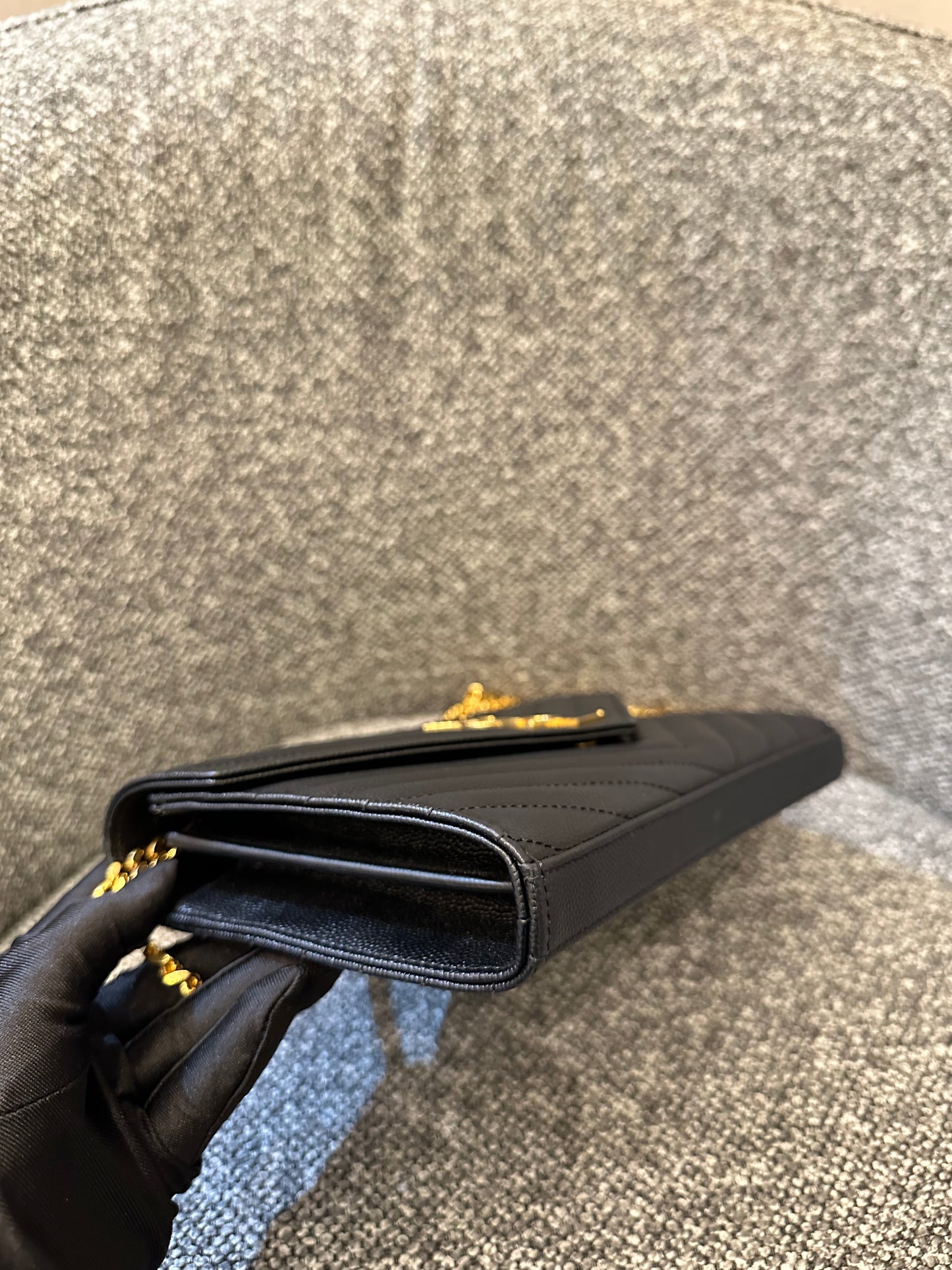 Yves Saint Laurent Cassandre Wallet on Chain in Black Chevron Quilted Leather GHW