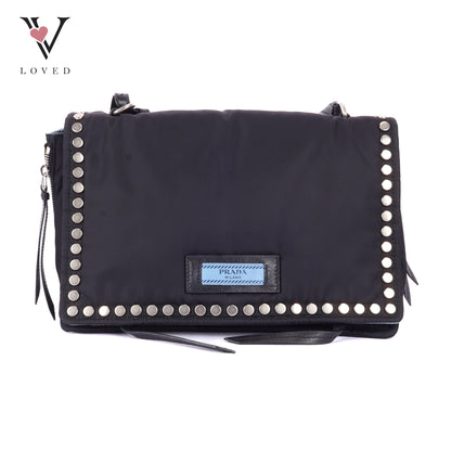 Prada Etiquette Studded Black Nylon Cross Body Bag