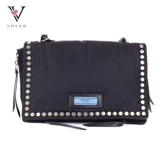 Prada Etiquette Studded Black Nylon Cross Body Bag
