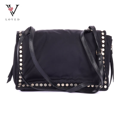 Prada Etiquette Studded Black Nylon Cross Body Bag