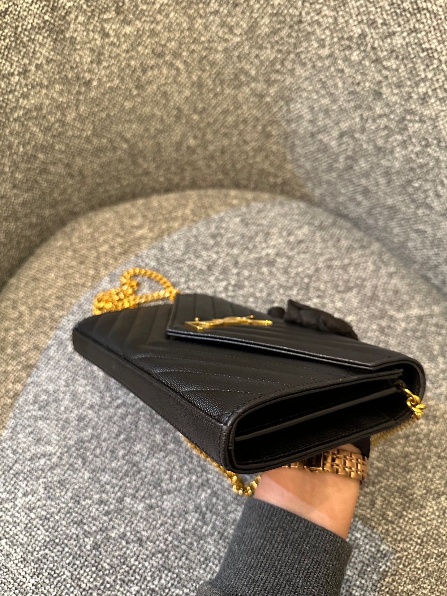 Yves Saint Laurent Cassandre Wallet on Chain in Black Chevron Quilted Leather GHW