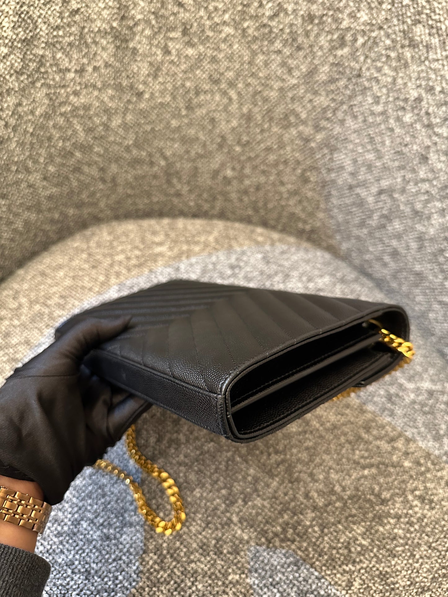 Yves Saint Laurent Cassandre Wallet on Chain in Black Chevron Quilted Leather GHW