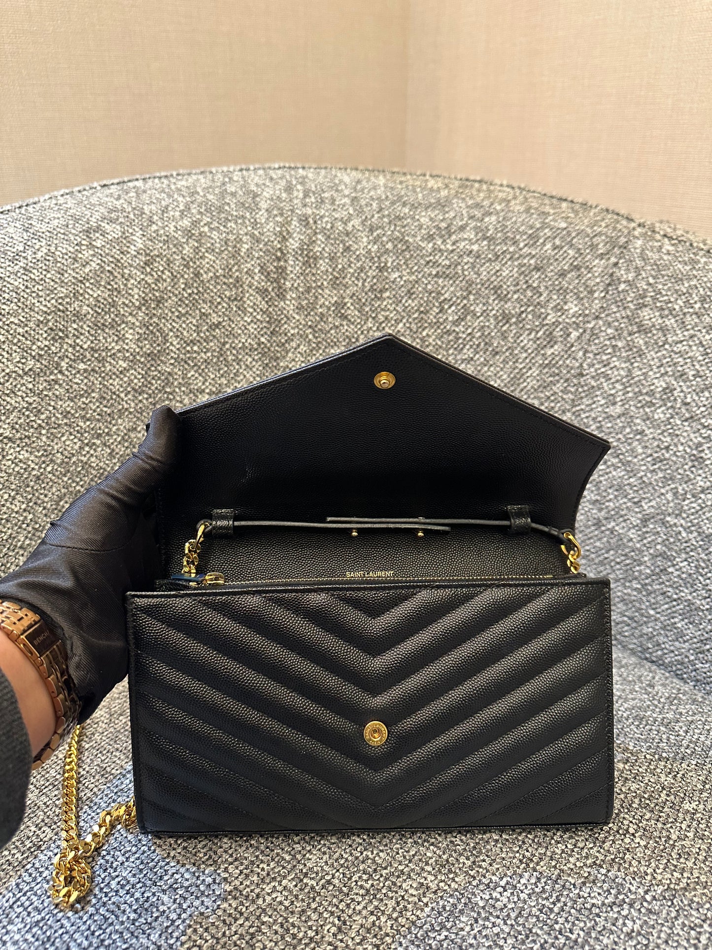 Yves Saint Laurent Cassandre Wallet on Chain in Black Chevron Quilted Leather GHW