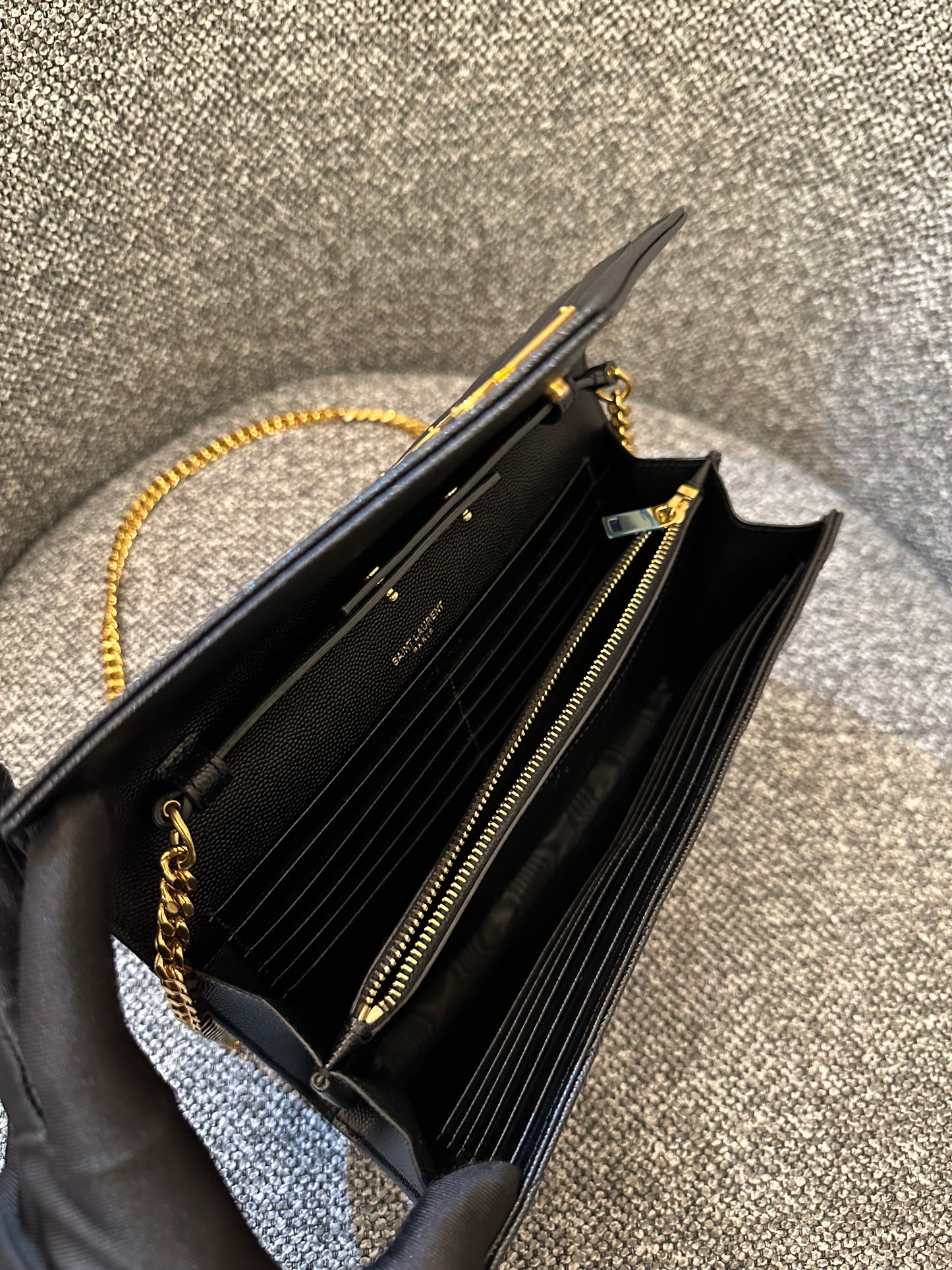 Yves Saint Laurent Cassandre Wallet on Chain in Black Chevron Quilted Leather GHW