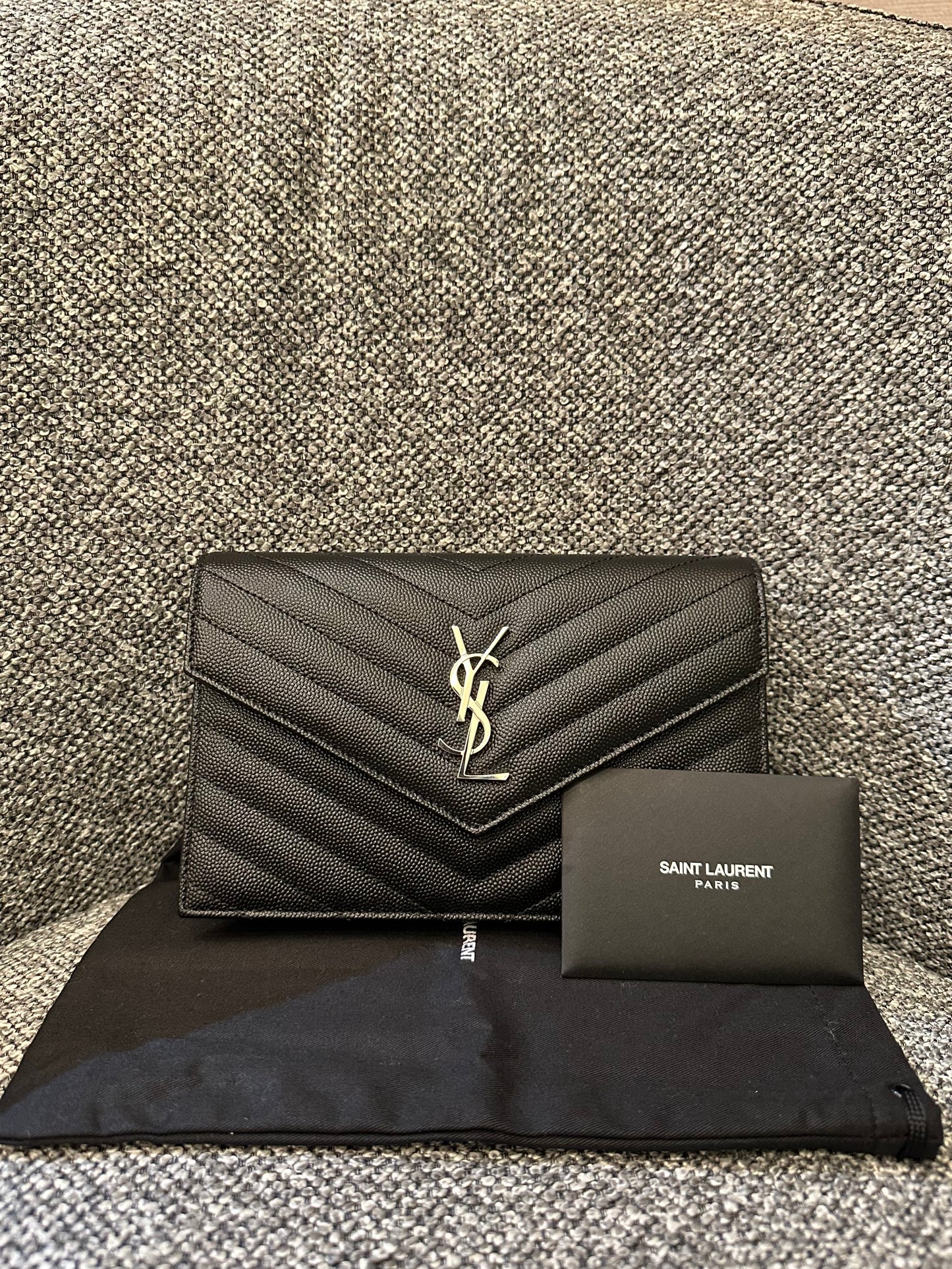 Yves Saint Laurent Cassandre Wallet on Chain in Black Chevron Quilted Leather SHW