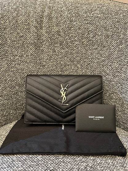 Yves Saint Laurent Cassandre Wallet on Chain in Black Chevron Quilted Leather SHW