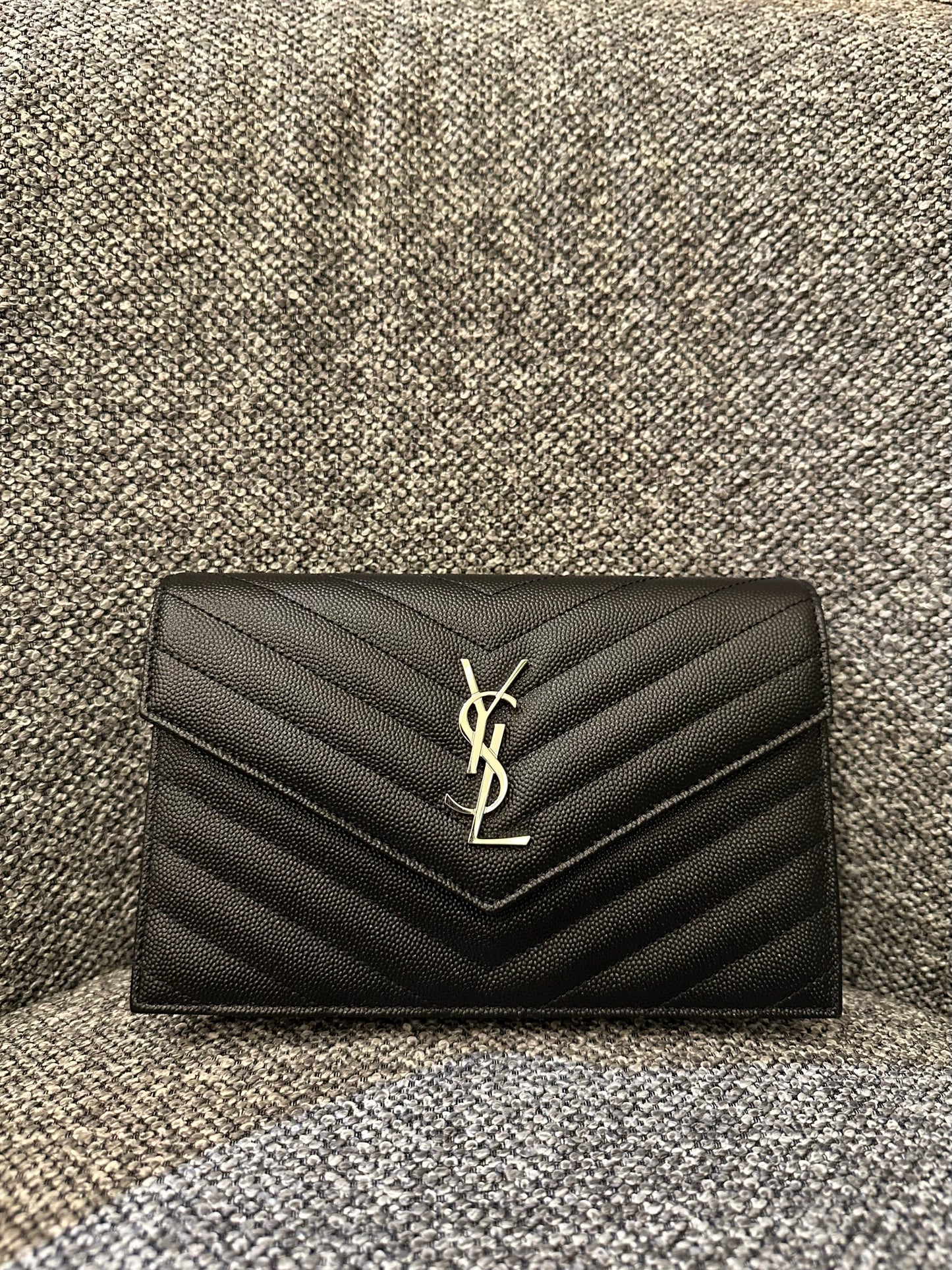 Yves Saint Laurent Cassandre Wallet on Chain in Black Chevron Quilted Leather SHW