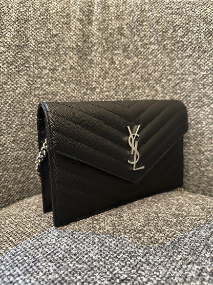 Yves Saint Laurent Cassandre Wallet on Chain in Black Chevron Quilted Leather SHW