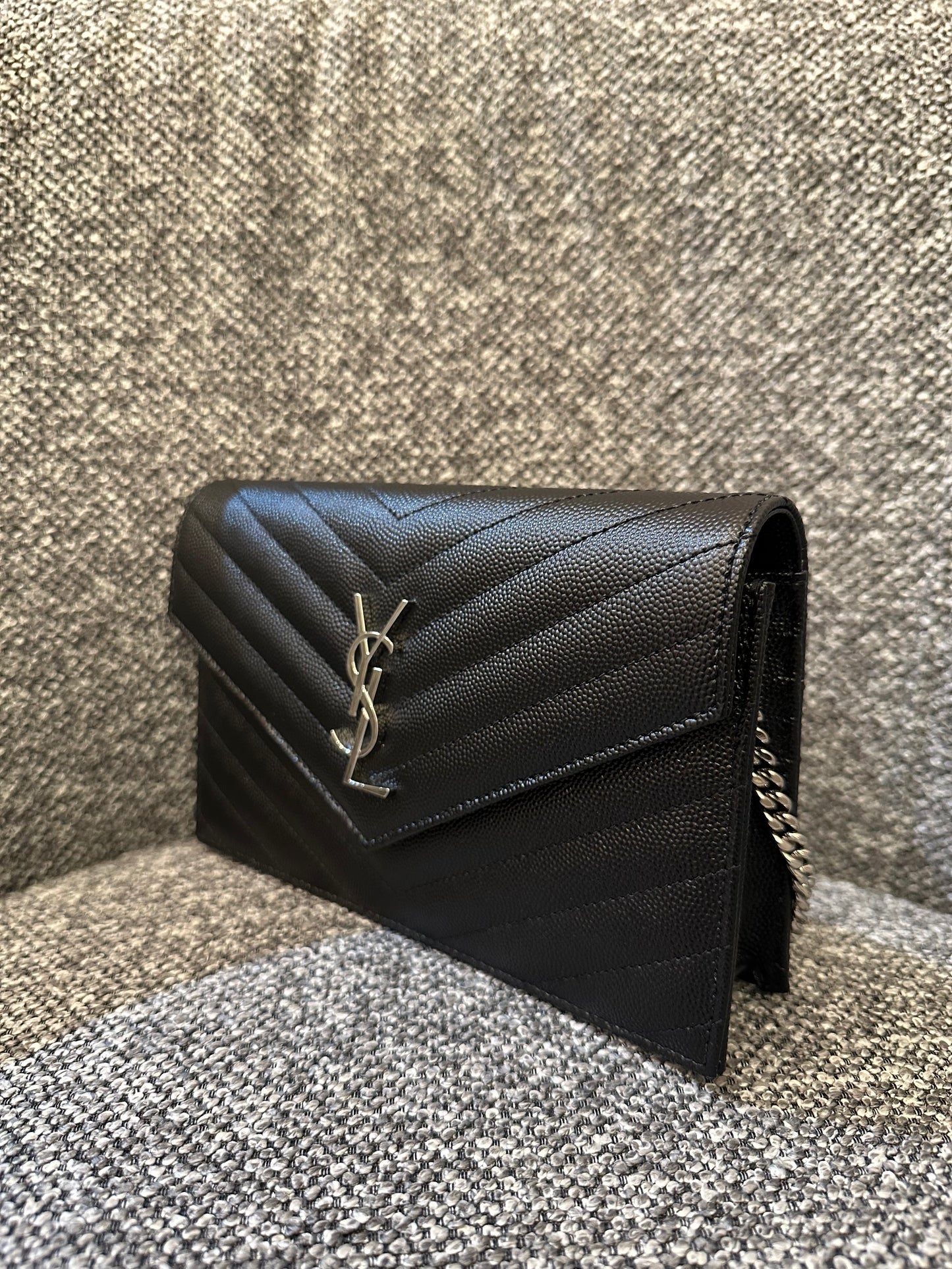 Yves Saint Laurent Cassandre Wallet on Chain in Black Chevron Quilted Leather SHW