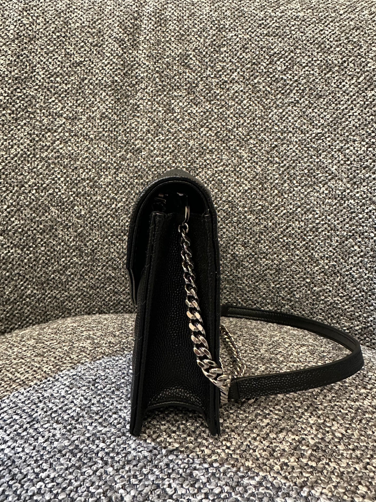Yves Saint Laurent Cassandre Wallet on Chain in Black Chevron Quilted Leather SHW