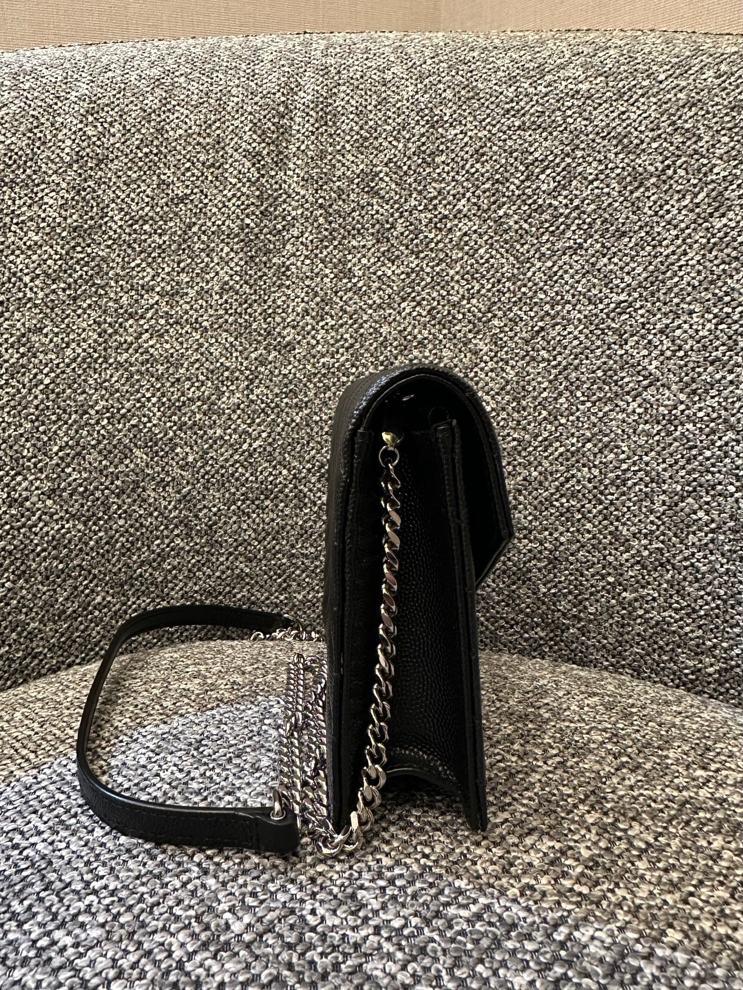 Yves Saint Laurent Cassandre Wallet on Chain in Black Chevron Quilted Leather SHW