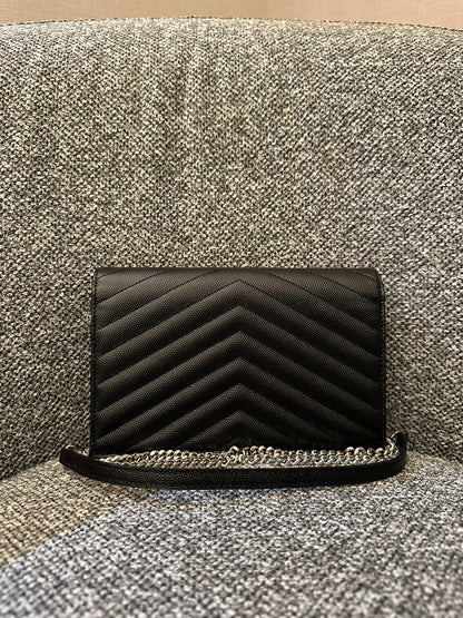 Yves Saint Laurent Cassandre Wallet on Chain in Black Chevron Quilted Leather SHW