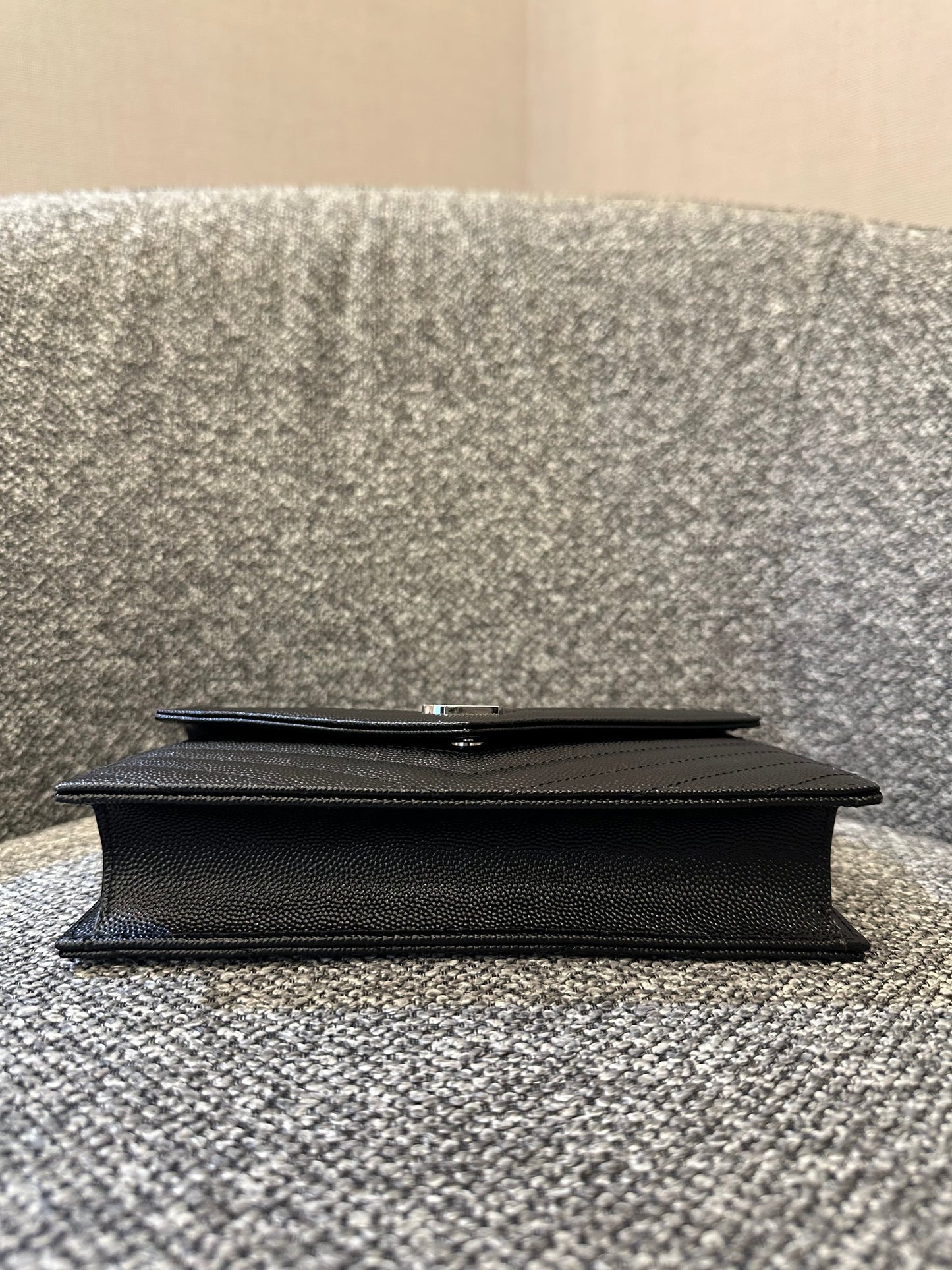 Yves Saint Laurent Cassandre Wallet on Chain in Black Chevron Quilted Leather SHW