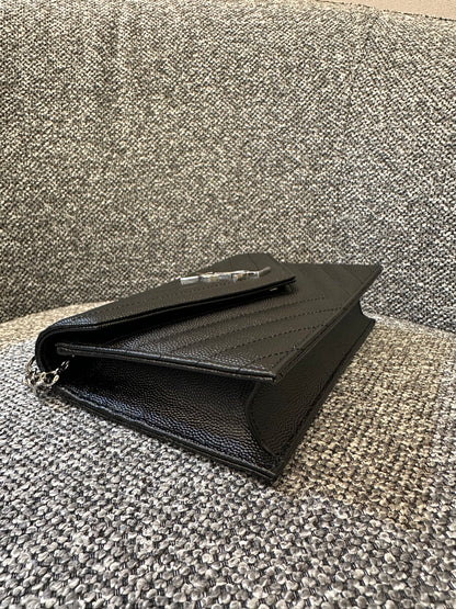 Yves Saint Laurent Cassandre Wallet on Chain in Black Chevron Quilted Leather SHW
